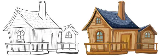 Vector illustration of Two stages of a house illustration, sketch to color