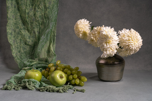 Bouquet of white flowers in a gray vase. Nearby are two green apples and a bunch of green grapes. Gray background and hanging green scarf. Autumn asters. Still life.