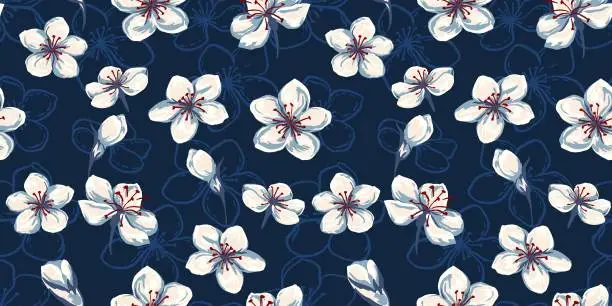 Vector illustration of Artistic abstract wild blossom floral seamless pattern.  Vector hand drawn sketch. Colorful ditsy flowers and buds printing on a dark blue background. Template for designs, fabric, textiles