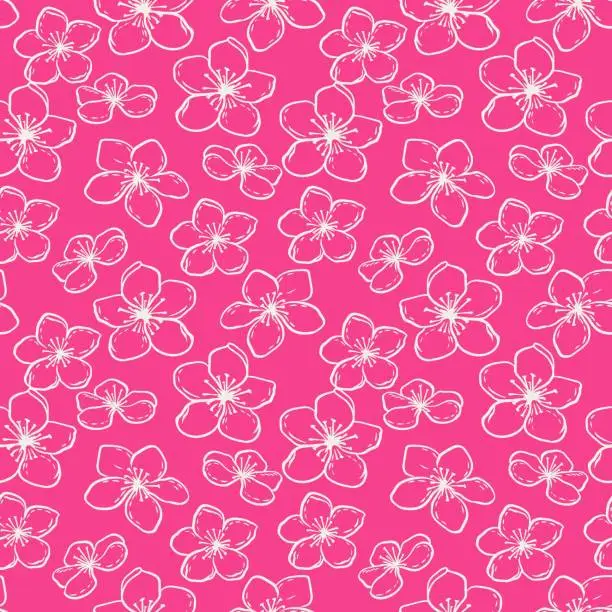 Vector illustration of Pink simple seamless pattern with artistic contour silhouette flowers. Vector hand drawn sketch. Abstract lines floral ornament. Template for design, fabric, fashion, printing, surface design
