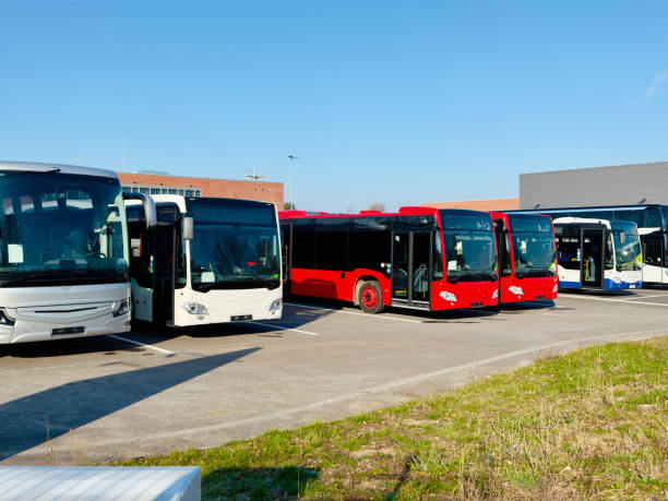 parked buses in a parking lot - traffic car street parking photos et images de collection