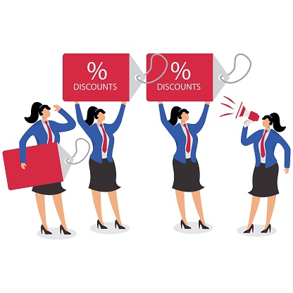 Promotions, consumer promotions, economic incentives, percentage discounts, low sales, marketing strategies, etc. isometric businesswomen jumping up and down with discounted price tags