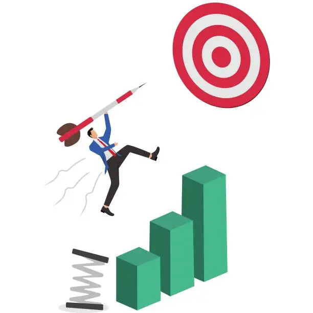 Vector illustration of Clarify goals and tasks, complete business or professional achievements, and businessmen jump up with darts to hit the bullseye