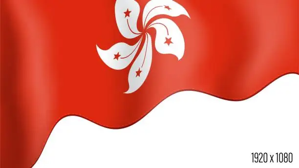 Vector illustration of Hong Kong country flag realistic independence day background. Hong Kong commonwealth banner in motion waving, fluttering in wind. Festive patriotic HD format template for independence day