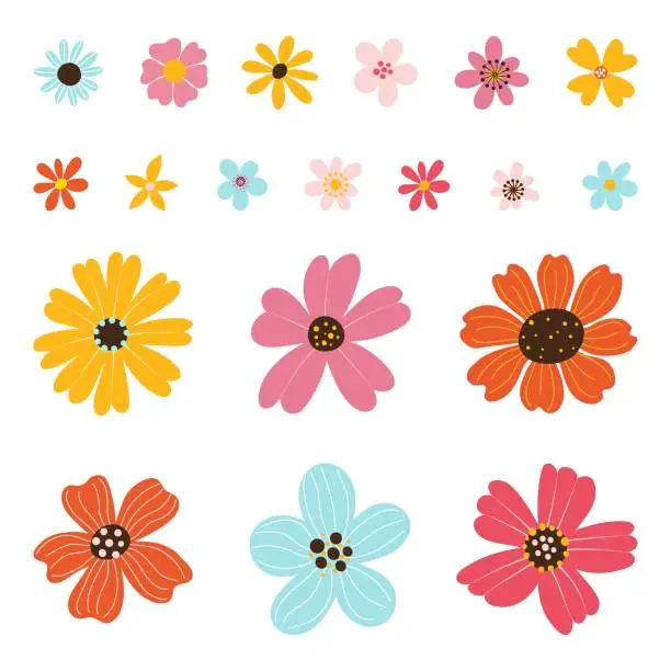 Vector illustration of Collection isolated different colorful hand drawn heads of flower in flat vector style.