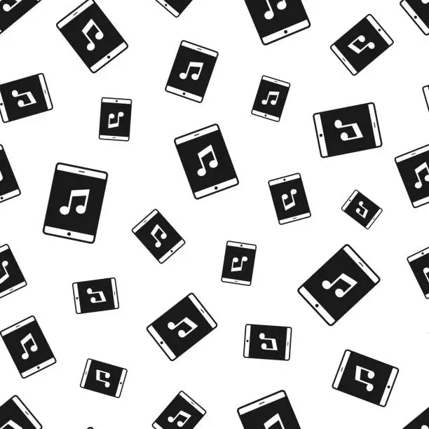 Vector illustration of Music on tablet PC. Seamless pattern. Icons on white background