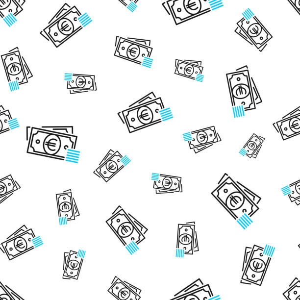 Euro - Cash money. Seamless pattern. Line icons on white background Seamless pattern with a icon of "Euro - Cash money". Black and blue line icon isolated on a blank background. Vector Illustration (EPS file, well layered and grouped). Easy to edit, manipulate, resize or colorize. Vector and Jpeg file of different sizes. background of a euro coins stock illustrations
