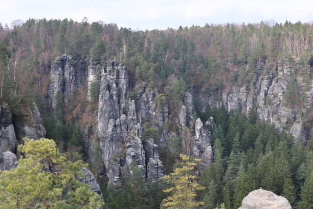 istock Massive rock formations surrounded by lush trees. Bastei, Saxon Switzerland National Park 2103627672
