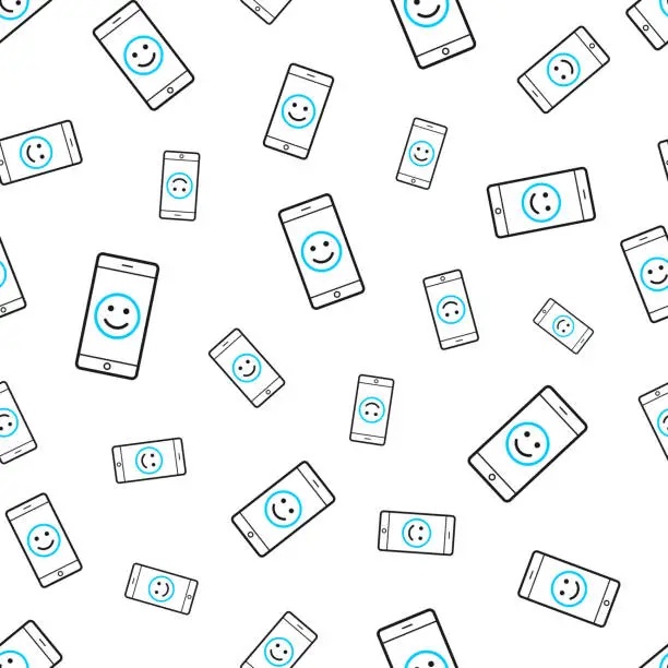 Vector illustration of Smartphone with happy emoji. Seamless pattern. Line icons on white background