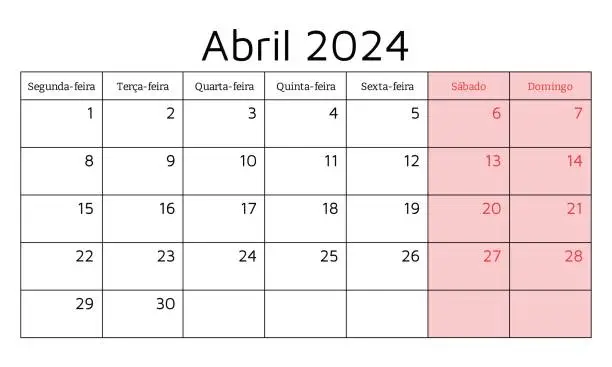 Vector illustration of April 2024 portuguese calendar (abril). Vector illustration. Monthly planning for business in Portugal