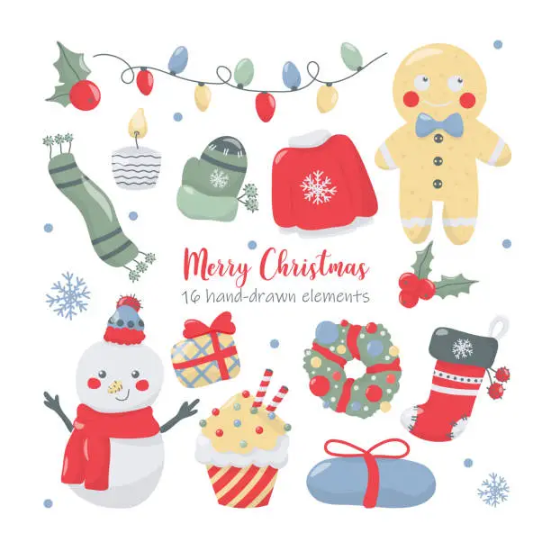 Vector illustration of Christmas set of graphic cliparts elements, hand drawn style.