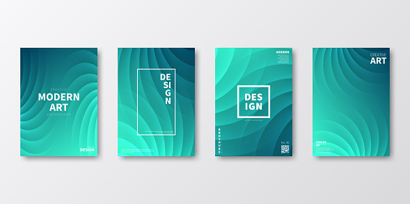 Set of four vertical brochure templates with modern and trendy backgrounds, isolated on blank background. Abstract illustrations with flowing curves and beautiful color gradient (colors used: Turquoise, Blue, Green). Can be used for different designs, such as brochure, cover design, magazine, business annual report, flyer, leaflet, presentations... Template for your own design, with space for your text. The layers are named to facilitate your customization. Vector Illustration (EPS file, well layered and grouped). Easy to edit, manipulate, resize or colorize. Vector and Jpeg file of different sizes.