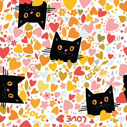 vector seamless pattern for packing paper of funny black cats in hearts and flowers
