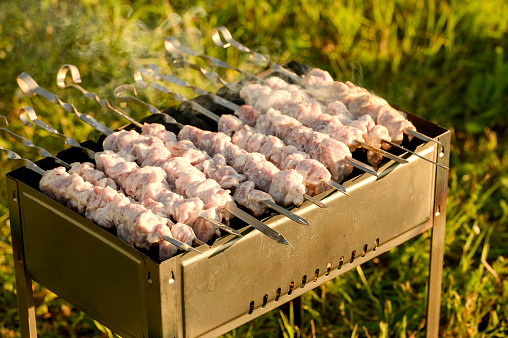 Pieces of fresh raw shish kebab, strung on skewers, lie on a metal barbecue with coals and smoke, on a sunny day in nature. Family barbecue, picnic food, grilling food