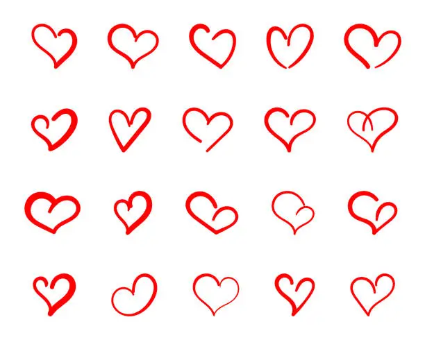 Vector illustration of Doodle Red Hearts Icons set, Hand-drawn Love Doodle collection