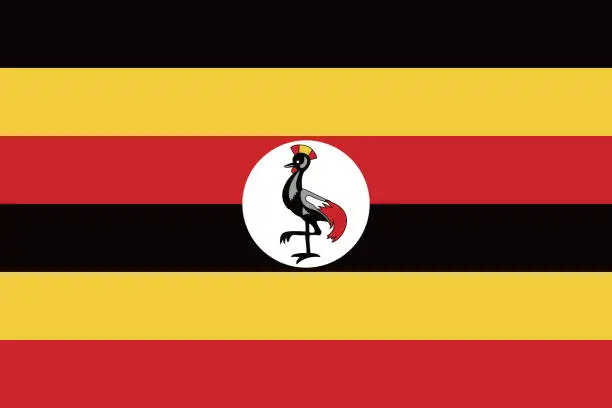 Vector illustration of Uganda flag. Standard size. The official ratio. A rectangular flag. Standard color. Flag icon. Digital illustration. Computer illustration. Vector illustration.