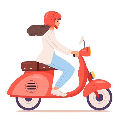 Female motorcyclist riding on red scooter motorbike.