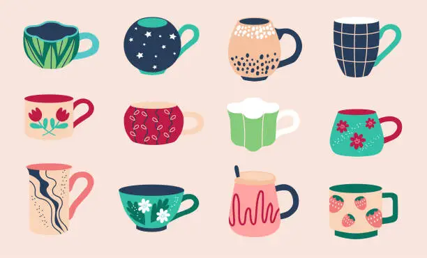 Vector illustration of Set of various tea cups. Cute dishes different shapes and ornaments. Hand drawn color vector illustration isolated on beige background. Modern flat cartoon style.