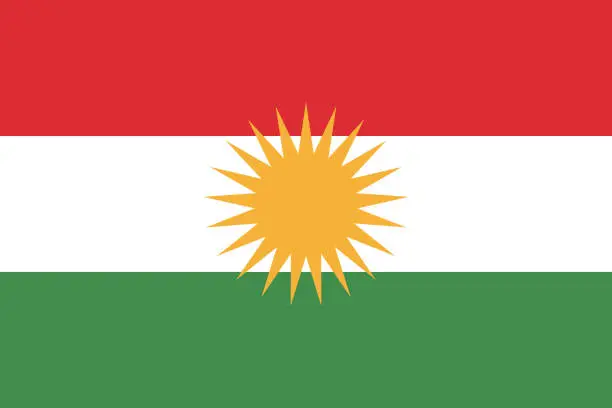 Vector illustration of Iraqi Kurdistan flag. Standard color. Standard size. A rectangular flag. Icon design. Computer illustration. Digital illustration. Vector illustration.