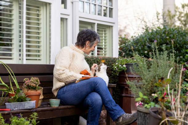 A shot of a mature adult female sitting on a garden bench with her cat outside her home in Hexham, Northumberland. She is smiling and petting the cat, whilst taking a break from the gardening she has been doing. She is wearing cosy casual clothing, surrounded by greenery, her home visible behind.\n\nVideos of this scenario available.