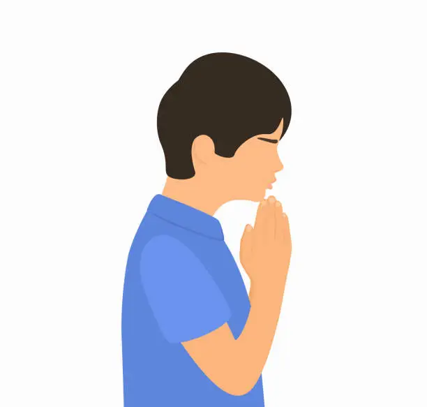 Vector illustration of Side View Of Little Boy Praying. Spirituality, Faith And Religion Concept