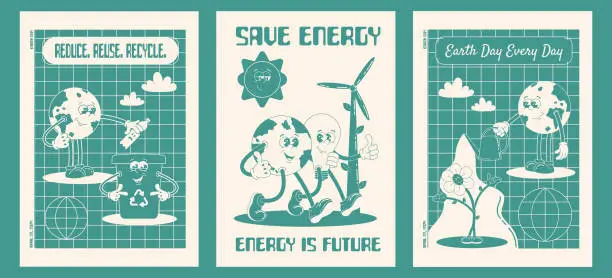 Vector illustration of Earth Day motivation poster set in trendy retro groovy cartoon style.