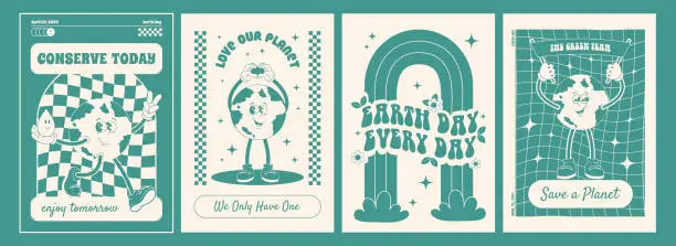 Vector illustration of Earth Day motivation poster set in trendy retro groovy cartoon style.