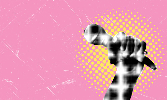 Art collage, hand with a microphone on a pink background with copy space. Concept of media interviews, professional interviewing, and journalism, media.