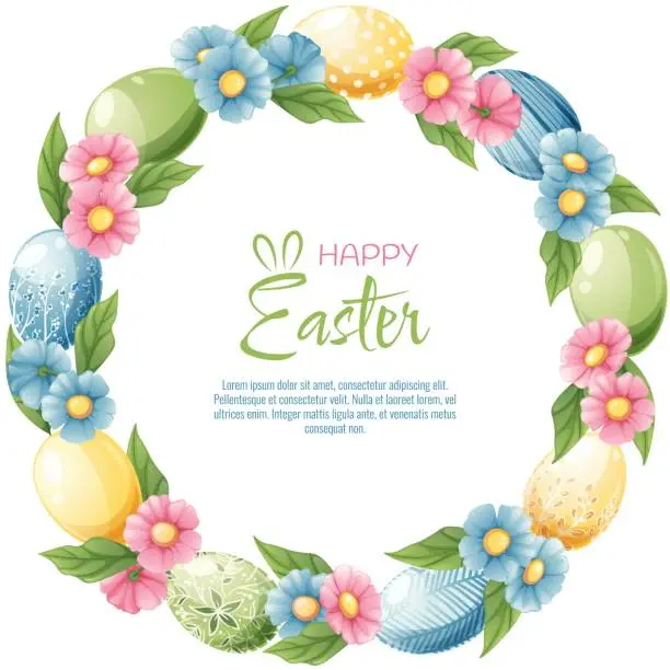 Vector illustration of Background with Easter eggs and flowers. Postcard, banner for Easter. Spring time. Frame with colorful eggs.