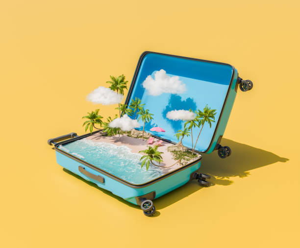 istock Open Suitcase with a Miniature Tropical Beach Oasis 2103727829