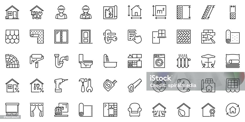 Line icons about home renovation as comprehensive reforms, rehabilitation, construction, architecture and interior design. Editable stroke and pixel perfect. - Royalty-free Huis interieur vectorkunst Line icons about home renovation as comprehensive reforms, rehabilitation, construction, architecture and interior design. Editable stroke and pixel perfect. - Royalty-free Huis interieur vectorkunst