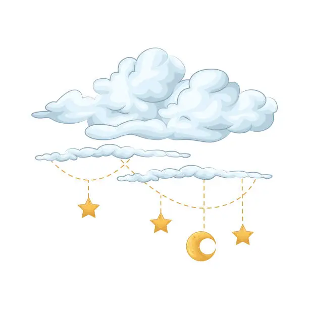 Vector illustration of cloud with hanging stars and moon