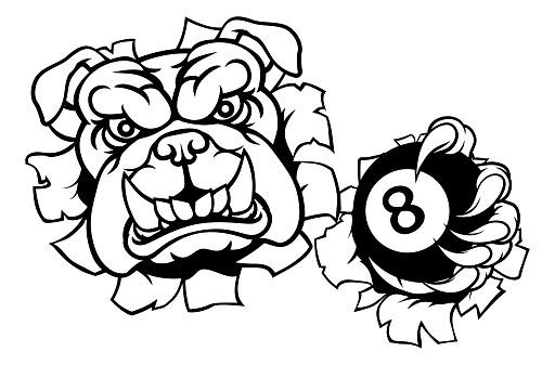 A bulldog dog angry mean pool billiards mascot cartoon character holding a black 8 ball.