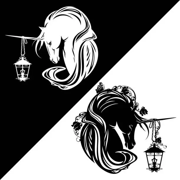Vector illustration of unicorn horse with magic lamp black and white vector design