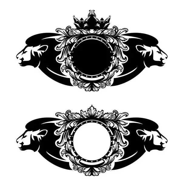 Vector illustration of lion heads and heraldic shield with royal crown black and white vector set