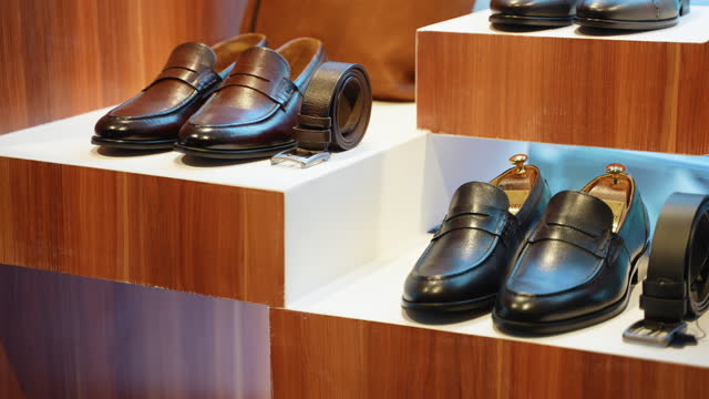 Elegant men's fashion leather shoes in shop
