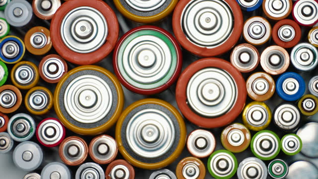 Top view of a group of used AA, AAA, D batteries. Alkaline batteries