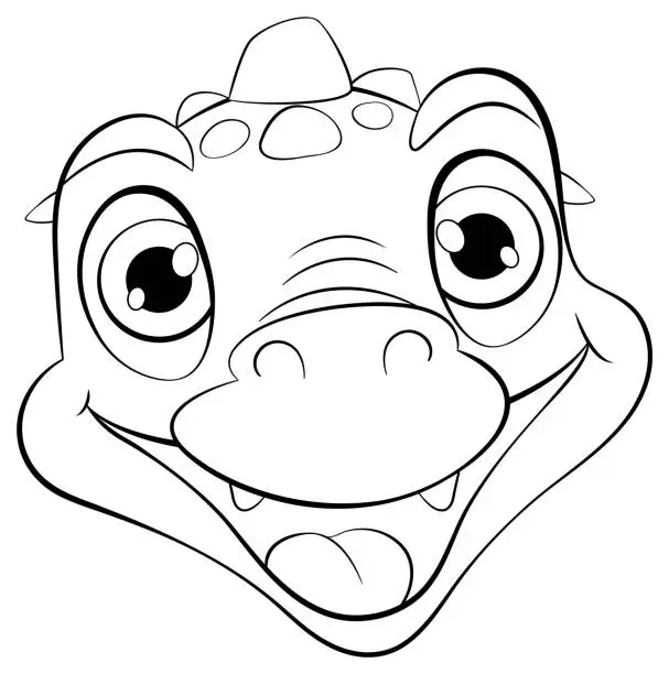 Vector illustration of Black and white line art of a happy dinosaur.