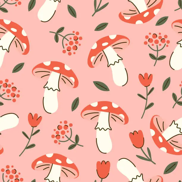 Vector illustration of Seamless vector pattern with amanita, red flowers and leaves. Pink background with mushrooms and tulips