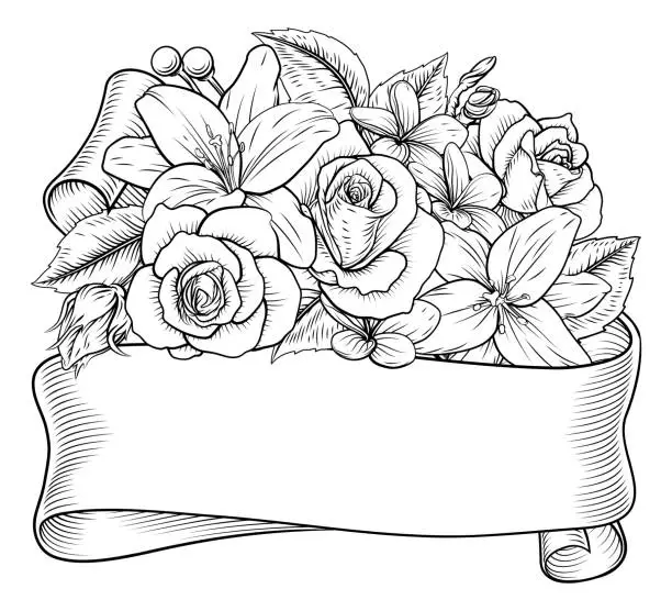 Vector illustration of Flowers Floral Rose Bouquet Scroll Funeral Wedding