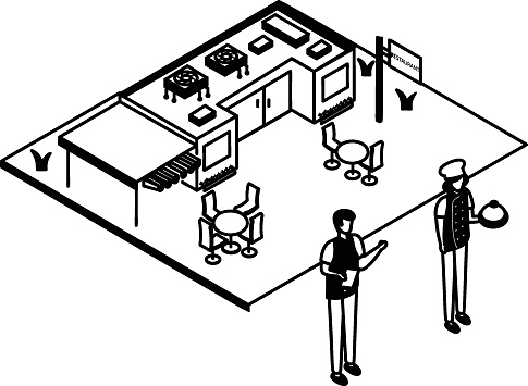 Restaurant Staff Waiting for Guests vector icon design, Business Center Open symbol, Buy Operating Business Commercial Deal stock illustration, Newly opened Roadside Eatery isometric concept