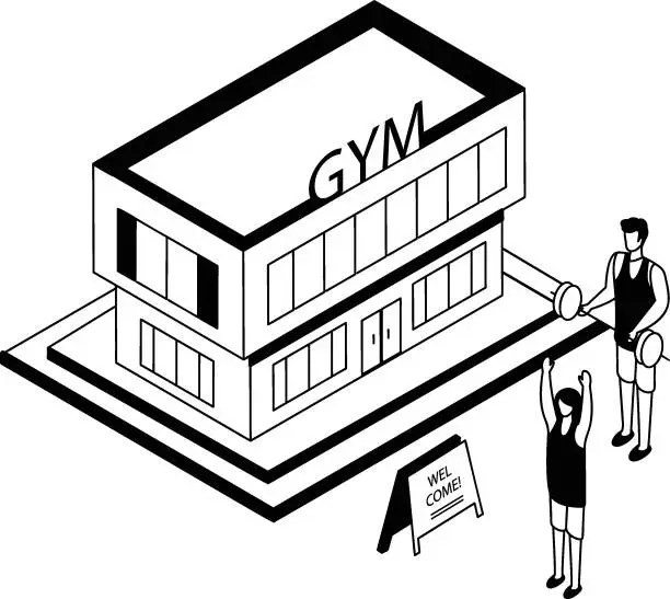 Vector illustration of Welcome to Fitness and  wellness center newly opened vector icon design, Business Center Open symbol, Buy Operating Business Commercial Deal stock illustration, Outdoor Gym Building isometric concept