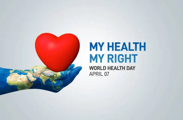 World Health Day concept. Heart and stethoscope design for health day. Global health care concept. My Health My Right. elements of this image furnished by NASA (https://earthobservatory.nasa.gov/blogs/elegantfigures/2011/10/06/crafting-the-blue-marble/)