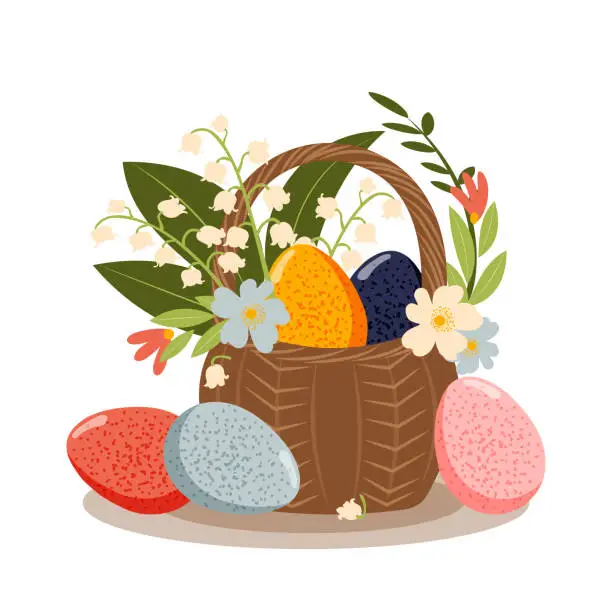 Vector illustration of Happy Easter. Spring bouquet of flowers in a wicker basket with Easter colorful eggs isolated on a white background for postcards. Vector.