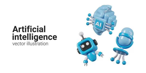 Vector illustration of Set of illustrations on artificial intelligence theme. Funny robot, microphone, brain, processor