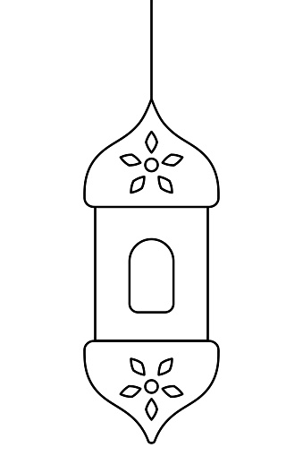 Moroccan candlestick. Sketch. Vector illustration. Hanging lantern sconce with window. Outline on isolated background. Doodle style. The lamp is decorated with a flower to diffuse light. Coloring book for children. Idea for web design.