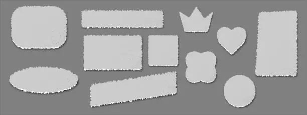 Vector illustration of Kit silhouettes of a torn piece of gray paper. Rectangle, square, heart, crown, circle blank space for text. Lacerated sheet element, isolated shred fragment. Scrapbook blank header.