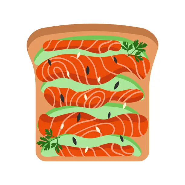 Vector illustration of Sandwich with red fish, avocado slices and sesame seeds. Vector illustration of food on a transparent background.