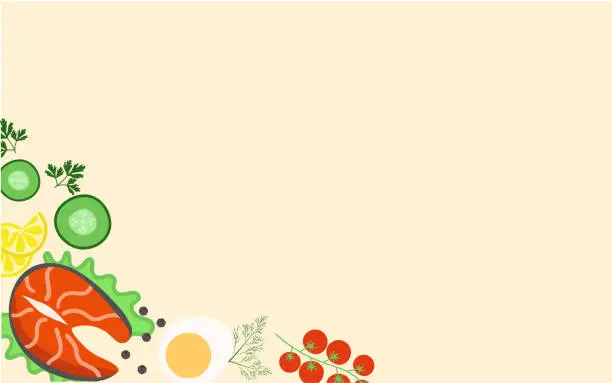 Vector illustration of Background with a piece of salmon, vegetables, herbs and egg. Background with empty space