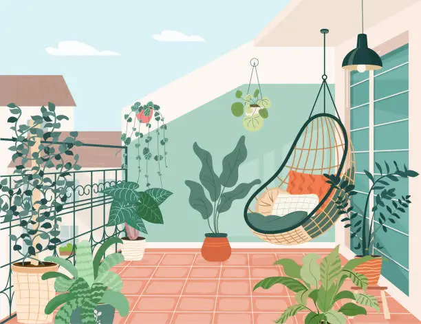 Vector illustration of Cozy balcony garden with potted green plants. Terrace eco-style interior design with rattan wicker chair, houseplants in flowerpots, greenery. Urban house jungle on veranda. Flat vector illustration